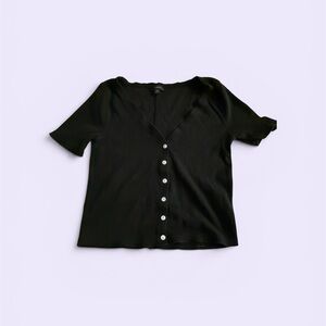 J. Crew Black Short Sleeve Button-Front V-Neck Top